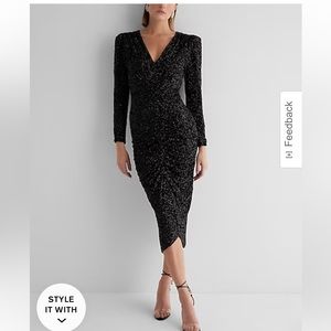 AVAILABLE - Sequin V-Neck Puff Sleeve Ruched Midi Sheath Dress